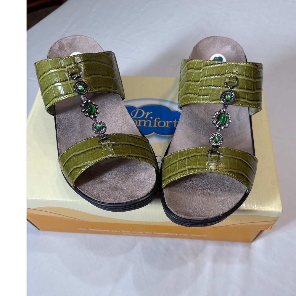 Dr Comfort Sharon Green Croc Leather Gemstone Orthopedic Slide Sandals Womens 10